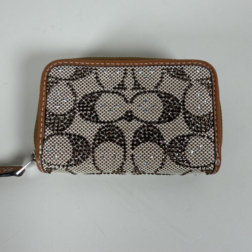 Coach Brass/Mushroom Crystal Signature Jacquard Essential Small Zip Around Card